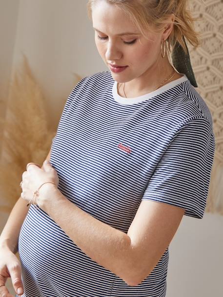 T-shirt às riscas em algodão, especial gravidez e amamentação AZUL ESCURO AS RISCAS 