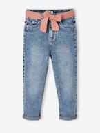 Jeans 'Mom fit' e cinto em gaze de algodão, para menina AZUL MEDIO LISO+PRETO MEDIO LISO 