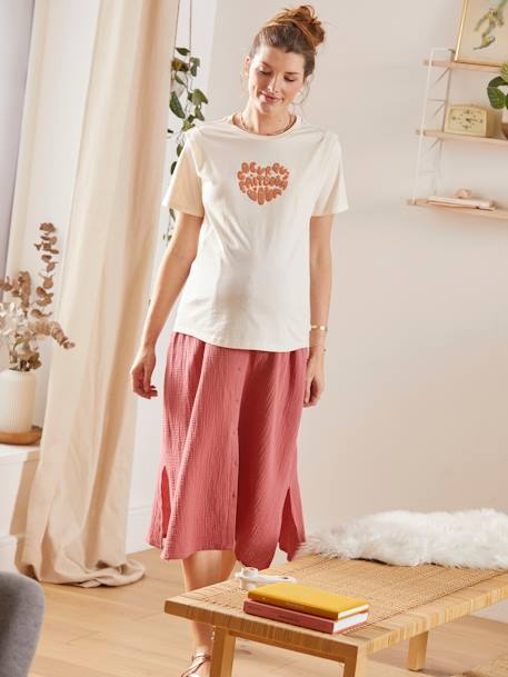 T-shirt com mensagem, em algodão, especial gravidez e amamentação BEGE ESCURO LISO COM MOTIVO 