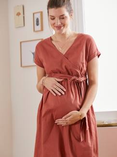 Roupa grávida-Amamentação-Vestido comprido e cruzado, em linho e algodão, especial gravidez e amamentação