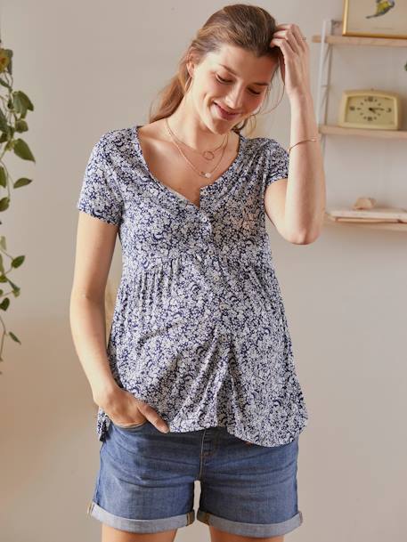 T-shirt modelo blusa, especial gravidez e amamentação AZUL ESCURO ESTAMPADO+VERMELHO MEDIO ESTAMPADO 