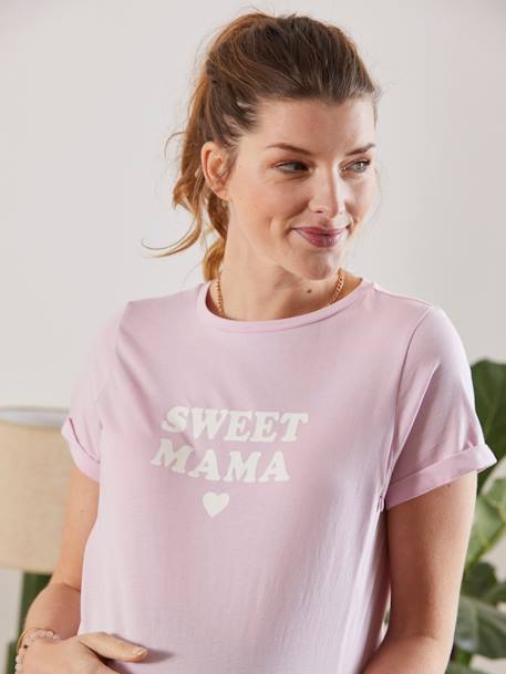 T-shirt com mensagem, em algodão bio, especial gravidez e amamentação VIOLETA CLARO LISO COM MOTIVO 