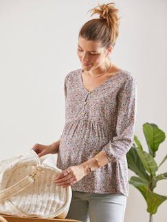 Roupa grávida-Blusas, camisas-Blusa com estampado florido, especial gravidez e amamentação
