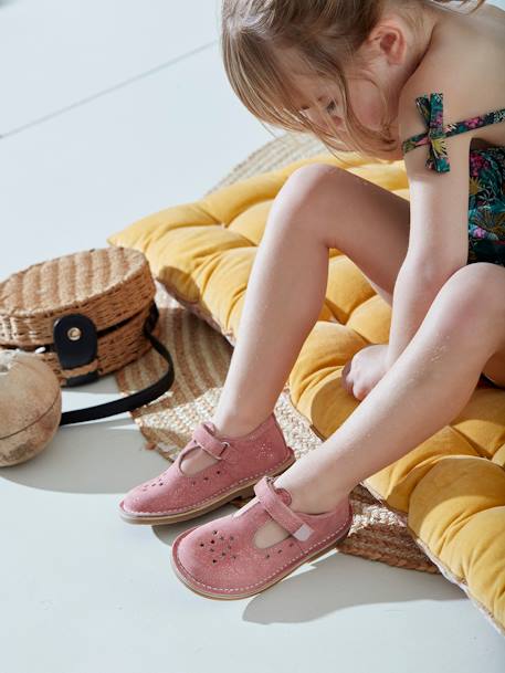 Sapatos em pele, para menina, coleção autonomia cru+dourado+ROSA MEDIO LISO COM MOTIVO 
