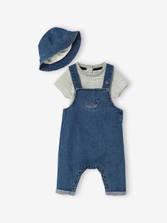 Bebé 0-36 meses-Conjunto jardineiras, body e chapéu em ganga, para bebé