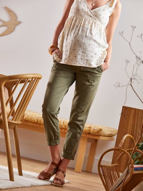 Calças chino em algodão stretch, para grávida VERDE ESCURO LISO 