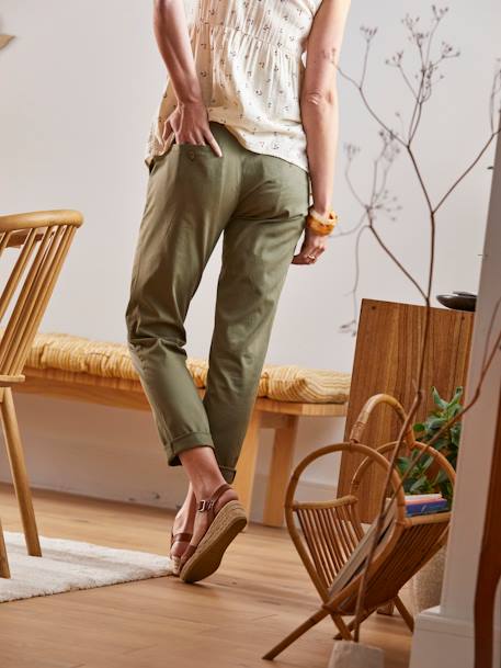 Calças chino em algodão stretch, para grávida VERDE ESCURO LISO 