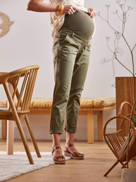 Calças chino em algodão stretch, para grávida VERDE ESCURO LISO 