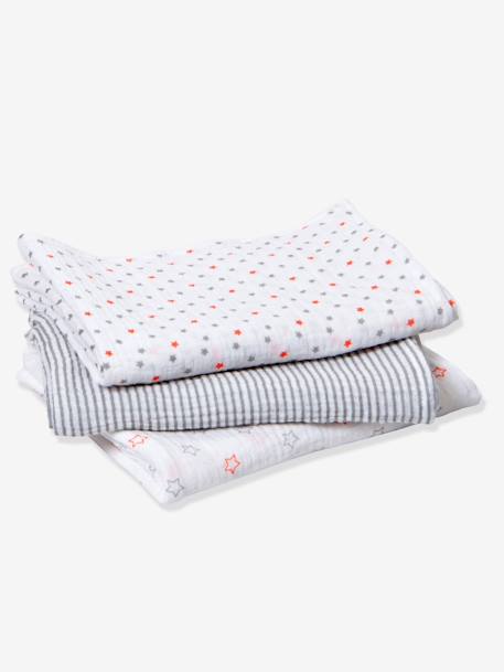 Lote de 3 fraldas para bebé Cinzento/riscas e estrelas+Multicolor/geométricos+Multicolor/riscas e bolas 