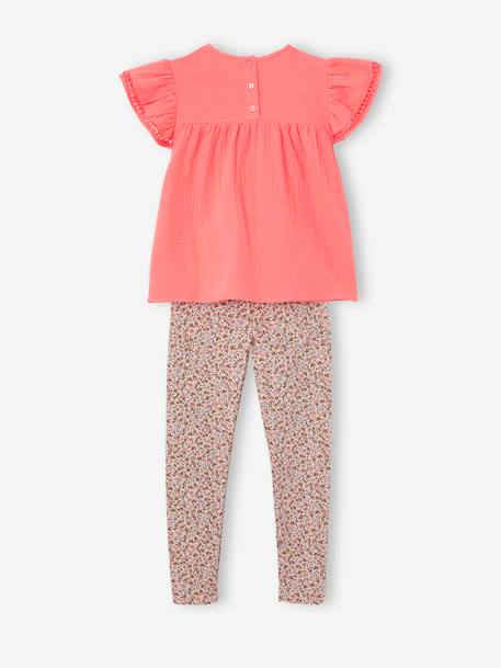 Conjunto blusa e leggings estampadas, em gaze de algodão, para menina BRANCO CLARO LISO+LARANJA MEDIO LISO 