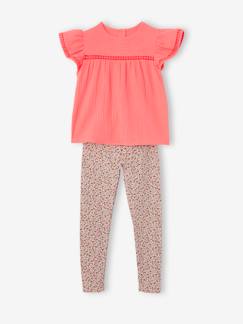 Menina 2-14 anos-Calças -Conjunto blusa e leggings estampadas, em gaze de algodão, para menina