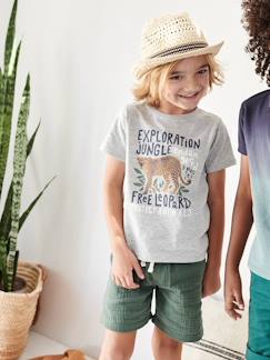 Menino 2-14 anos-Conjunto t-shirt leopardo e bermudas, em gaze de algodão, para menino
