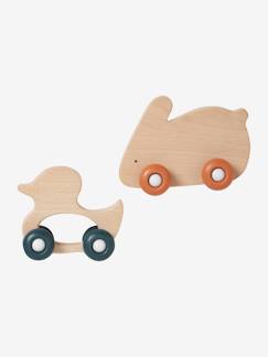 Brinquedos-Primeira idade-Primeiras manipulações-Conjunto de 2 animais com rodas, em madeira e silicone