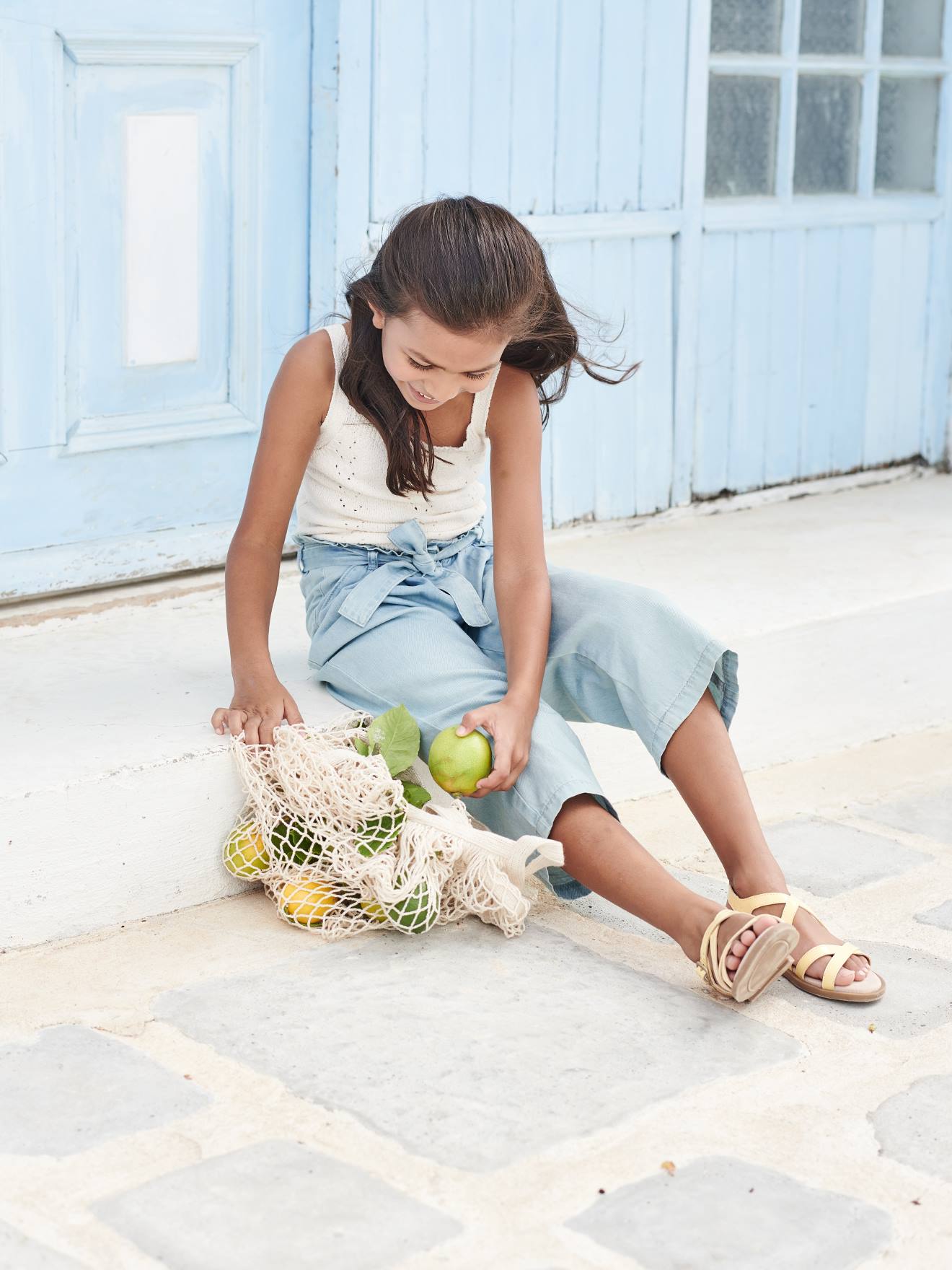 Visiting grandparents approve Sea slug Calças curtas e largas estilo "paperbag", em ganga leve, para menina-Menina  2-14 anos-Vertbaudet | vertbaudet.pt