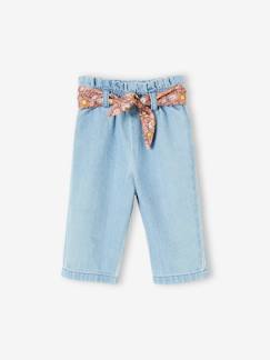 Bebé 0-36 meses-Calças, jeans-Calças largas em ganga, com cinto às flores, para bebé