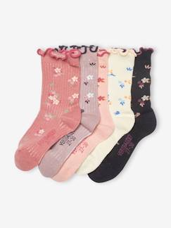 Lote de 5 pares de meias com folhos, às flores, para menina