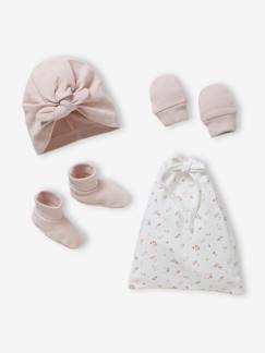 Bebé 0-36 meses-Acessórios-Chapéus-Conjunto gorro + luvas + sapatinhos, em malha ajurada, para bebé menina