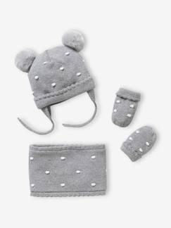 Bebé 0-36 meses-Acessórios-Gorros, cachecóis, luvas-Conjunto com bolas, gorro + gola snood + luvas, para bebé menina