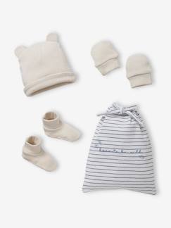 Bebé 0-36 meses-Acessórios-Conjunto gorro + luvas + sapatinhos, em malha ajurada, para bebé menino