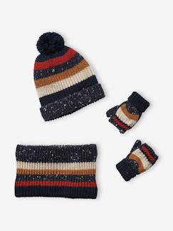 Menino 2-14 anos-Acessórios-Conjunto às riscas, gorro + gola snood + luvas, para menino