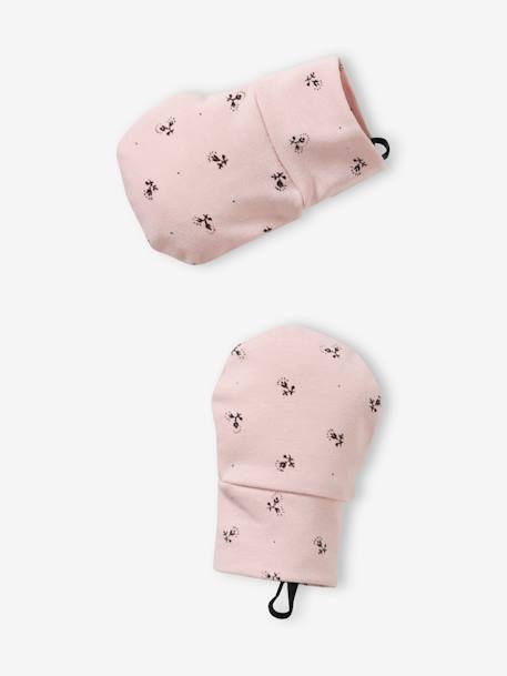Conjunto em malha estampada com gorro + luvas + lenço + saco, para bebé menina pau-rosa 