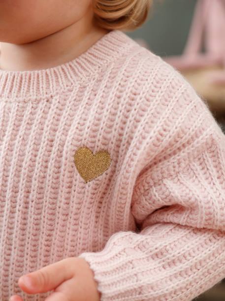 Camisola em tricot, coração dourado, para bebé ROSA CLARO MESCLADO 