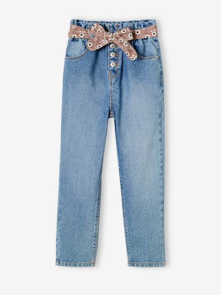 Jeans estilo paperbag e cinto florido, para menina AZUL ESCURO DESBOTADO+AZUL ESCURO LISO 