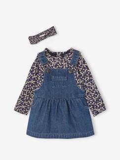 Bebé 0-36 meses-Conjunto de 3 peças: vestido estilo jardineiras em ganga, camisola e fita de cabelo, para bebé