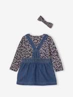 Conjunto de 3 peças: vestido estilo jardineiras em ganga, camisola e fita de cabelo, para bebé azul-noite 