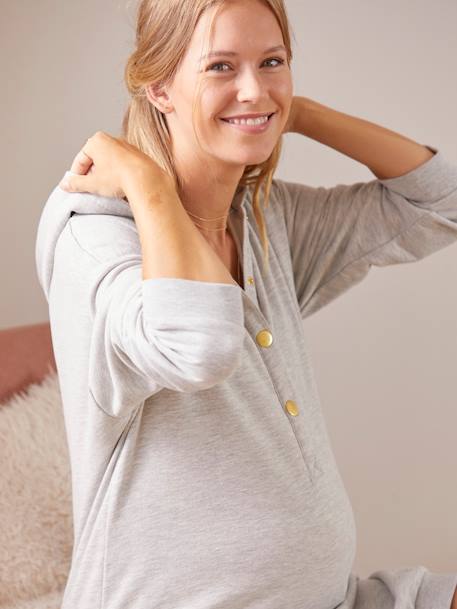 Vestido estilo sweat em moletão, com capuz, especial grávida e amamentação CINZENTO CLARO LISO 