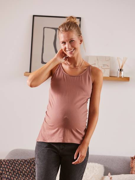 Lote de 2 tops de amamentação com alças finas CASTANHO MEDIO LISO+Preto + branco+Preto + cinza-mesclado+ROSA CLARO LISO 