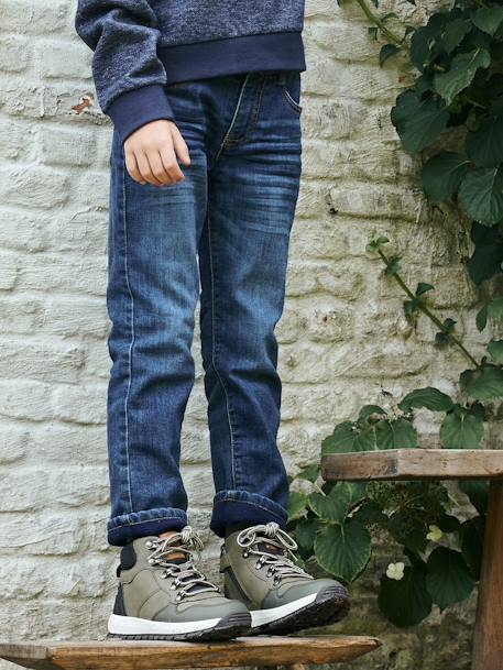 Jeans direitos indestrutíveis, forro polar, para menino AZUL ESCURO LISO 