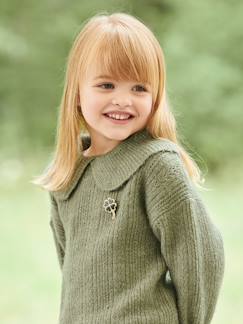 Menina 2-14 anos-Camisolas, casacos de malha, sweats-Camisolas malha-Camisola em malha fantasia ajurada, alfinete irisado em forma de trevo, para menina