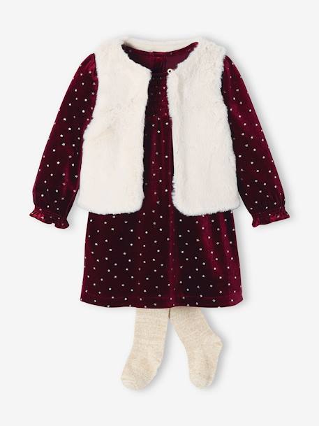 Conjunto: vestido em veludo + colete em imitação pelo + collants, para bebé bordeaux 