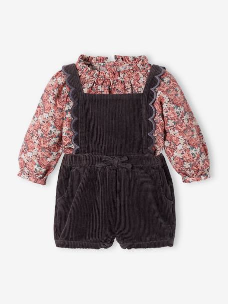 Conjunto para bebé menina: blusa e jardineiras curtas em bombazina  