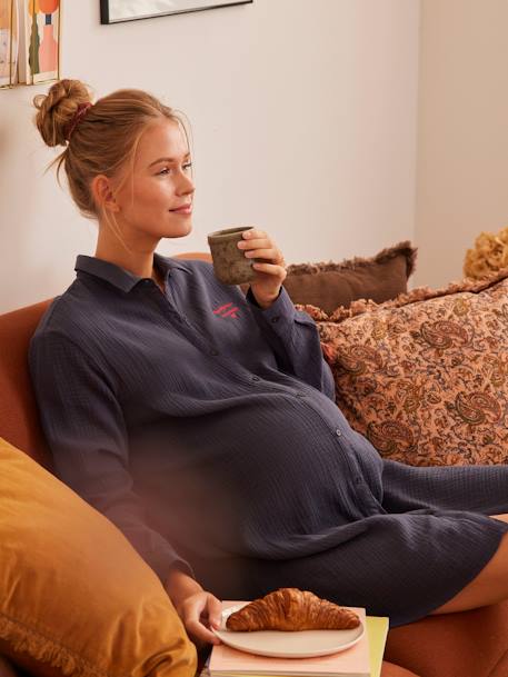 Camisa de dormir, especial gravidez e amamentação em gaze de algodão antracite 