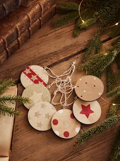 Têxtil-lar e Decoração-Lote de 6 bolas de Natal, achatadas, em madeira