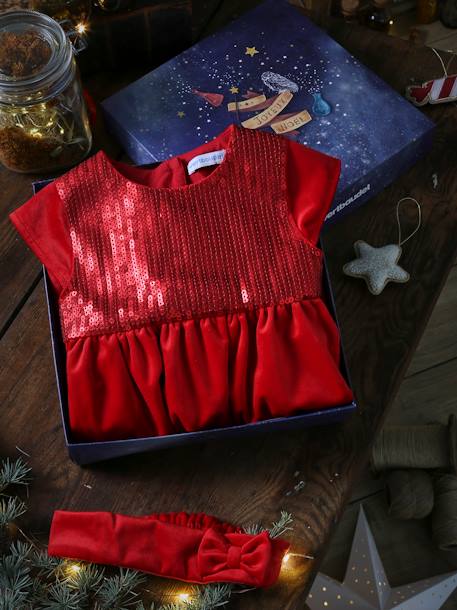 Caixa presente de Natal com vestido com lantejoulas e fita de cabelo a condizer, para bebé vermelho 