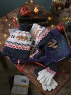 Caixa presente de Natal com gorro + gola snood + luvas Ursos, para menino azul-noite 