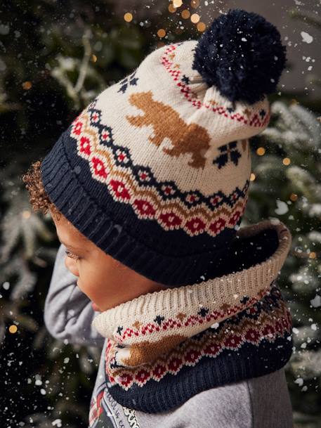 Caixa presente de Natal com gorro + gola snood + luvas Ursos, para menino azul-noite 