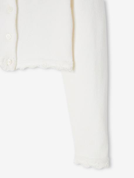 Casaco curto em malha ajurada, para menina cru+rosa-bombom 