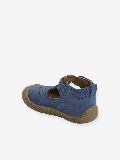 Sapatos em pele suave, para bebé, especial gatinhar azul-ganga 