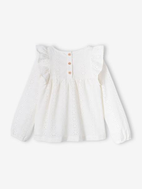 Blusa com folhos em bordado inglês, para menina coral+cru 