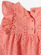 Blusa com folhos em bordado inglês, para menina coral+cru 