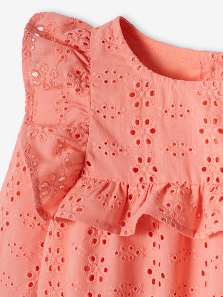 Blusa com folhos em bordado inglês, para menina coral+cru 