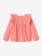 Blusa com folhos em bordado inglês, para menina coral+cru 