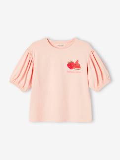 -T-shirt com mangas balão, fruto no peito, para menina