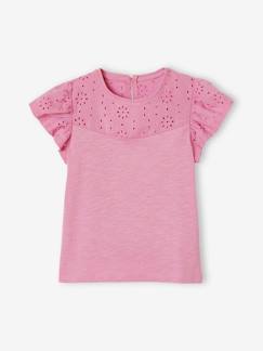 Menina 2-14 anos-T-shirts-T-shirt com bordado inglês e mangas com folhos, para menina