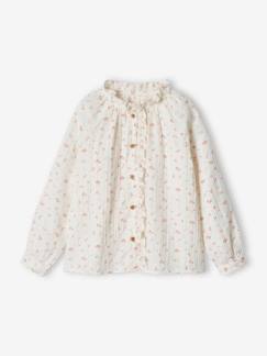 Menina 2-14 anos-Blusas, camisas-Blusa com folhos, em gaze de algodão, estampada às flores, para menina