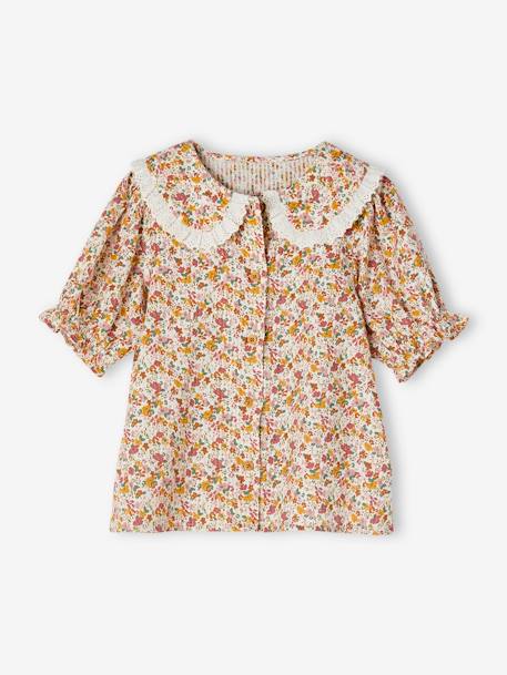 Blusa às flores, gola claudine, mangas curtas, para menina cru 